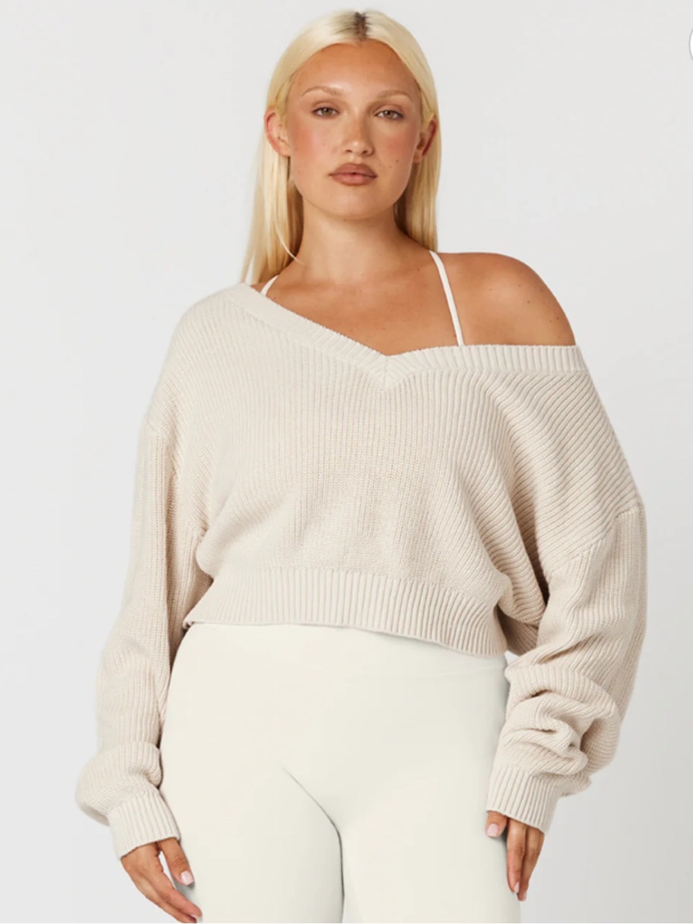 CSB Cropped Off Shoulder Knit Jumper in Vanilla